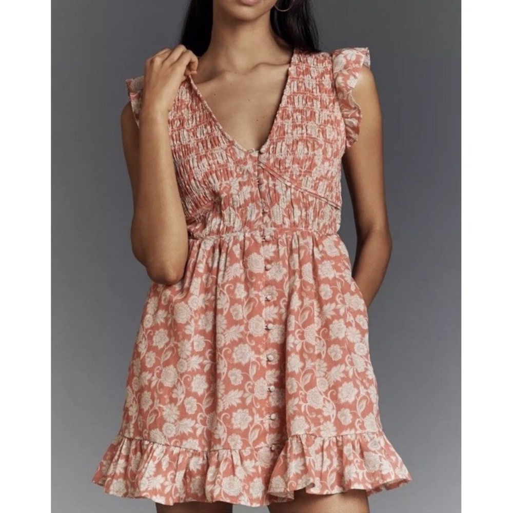 Anthropologie Size Medium Coral Peregrine Mini Floral Dress Smocked NWT $148